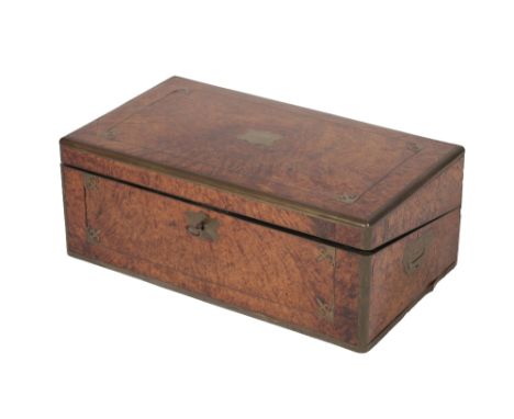 FINE BURR WALNUT AND BRASS BANDED AND STRUNG WRITING SLOPE, second quarter 19th century, of rectangular form, the hinged top 