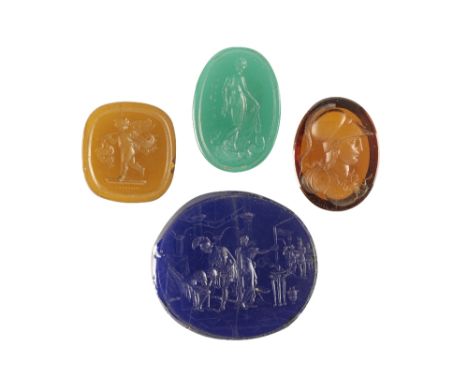 GROUP OF FOUR INTAGLIO ENGRAVED GLASS TASSIE 'GEMS', late 18th or early 19th century, including a large blue oval example, po