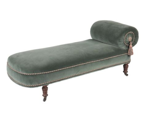 WALNUT AND TEAL UPHOLSTERED DAY BED, second quarter 19th century, the cylindrical pillow at one end and the bed both with red