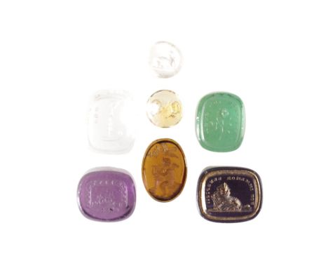 GROUP OF SEVEN INTAGLIO ENGRAVED GLASS TASSIE 'GEMS', late 18th or early 19th century, including an amethyst rectangular exam
