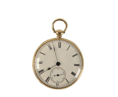 18CT GOLD GENTLEMAN'S OPEN-FACED POCKET WATCH with key-wind movement, the white enamel dial with subsidiary seconds dial, bla