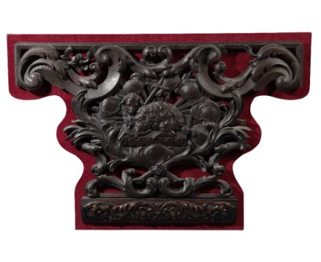 GEORGE III CARVED AND STAINED OAK RELIEF OF THE AGNUS DEI, last quarter 18th century, openwork modelled, the Lamb of God typi
