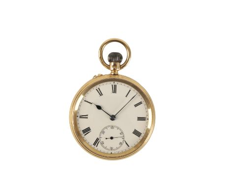 18CT GOLD GENTLEMAN'S OPEN-FACED POCKET WATCH with keyless wind movement, the white enamel dial with subsidiary seconds dial,