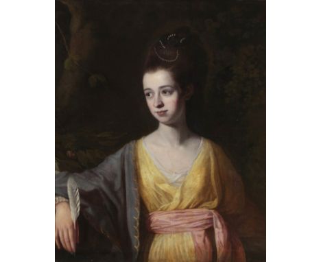 DAVID MARTIN (1737-1798) A portrait of a lady, half-length, standing in a woodland landscape, wearing a yellow silk dress tie