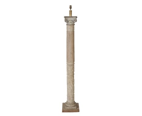 CARVED AND PAINTED LIME WOOD COLUMN, later fitted as a standard lamp, basically 19th century, the electrical fitment above an