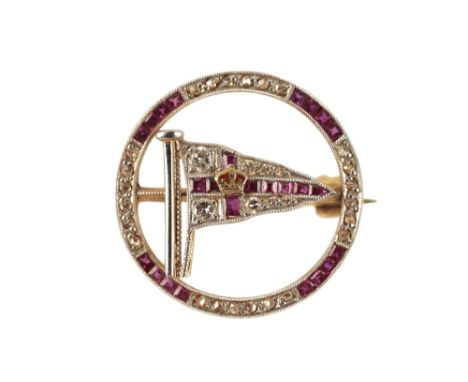 A 1930s DIAMOND AND RUBY ROYAL YACHT SQUADRON BROOCH, the flag pavé set with brilliant cut and eight cut diamonds and calibré