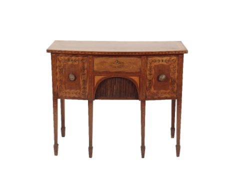 MAHOGANY, SATINWOOD AND MARQUETRY BOWFRONT SIDEBOARD IN GEORGE III SHERATON TASTE, later 19th century, the top with penwork f