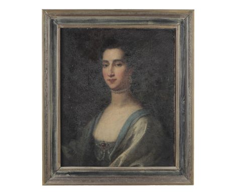 ENGLISH SCHOOL, 18TH CENTURY, A portrait of an elegant lady, depicted bust-length, the sitter wearing pearls in the form of e