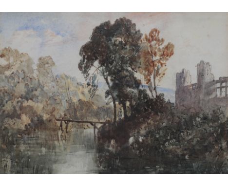 WILLIAM DELAMOTTE (1775-1863) 'Berry Pomeroy near Totnes' Castle ruins beside water, watercolour, 25cm x 34.5cm Berry Pomeroy