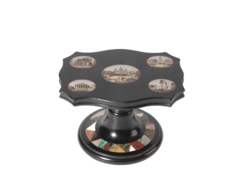 ITALIAN MICRO-MOSAIC INSET BLACK MARBLE DESK WEIGHT, third quarter 19th century, the cartouche shaped upper panel with a cent