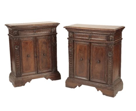 PAIR OF SIENESE OR FLORENTINE WALNUT AND PARQUETRY 'CREDENZE INTAGLIATE' SIDE CABINETS, early 16th century, the rectangular t