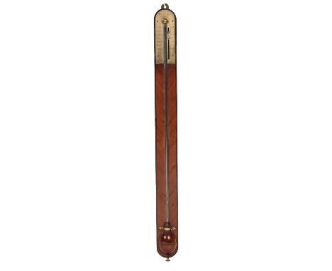 GEORGE III STICK BAROMETER, the silvered brass scale plate inscribed "Blunt &amp; Son London" is well engraved with a scale r