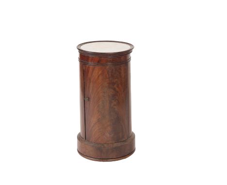 MARBLE TOP MAHOGANY NIGHT STAND, early 19th century, of cylindrical form, the top with moulded edge above a hinged door, the 