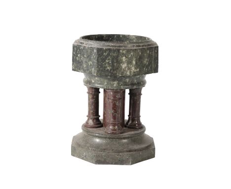 VICTORIAN CORNISH GREEN AND RED SERPENTINE MARBLE FONT, second half 19th century, the basin with octagonal section exterior b