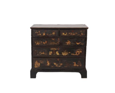 GEORGE II LACQUERED AND PARCEL GILT PINE CHEST OF DRAWERS, mid 18th century, in Chinoiserie style, the rectangular top with m