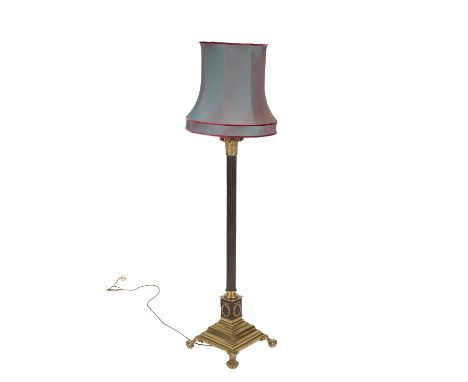 LATE VICTORIAN GILT BRASS AND PATINATED METAL COLUMNAR STANDARD LAMP, circa 1900, the later electrical fitment on a telescopi