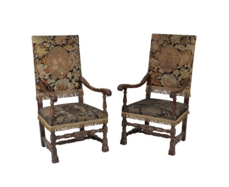 PAIR OF CARVED WALNUT AND TAPESTRY UPHOLSTERED ARMCHAIRS IN CHARLES II STYLE, late 19th century, the rectangular backs each w