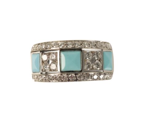 AN 18 CARAT GOLD DIAMOND AND TURQUOISE RING BY PICCHIOTTI, the three square shaped turquoise with brilliant cut diamonds in b