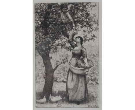 THOMAS RILEY (1856-1892) 'Gathering Apples' signed and dated 1882 within the plate lower right, copper plate etching, the ima