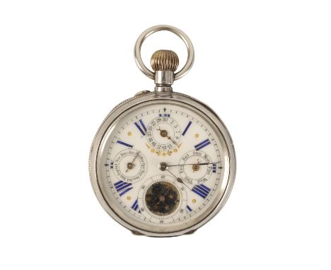 GENTLEMAN'S SILVER CASED CHRONOGRAPH OPEN-FACED POCKET WATCH with keyless wind movement, white enamel dial, blue Roman numera