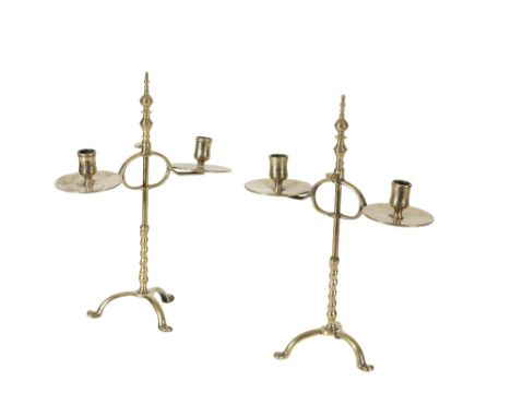 PAIR OF ADJUSTABLE BRASS TWIN LIGHT CANDELABRA IN DUTCH 18TH CENTURY STYLE, 19th century, each with sockets and broad drip pa