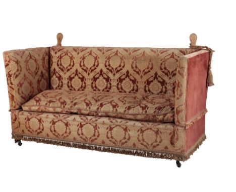 DAMASK AND VELVET-UPHOLSTERED KNOLE SOFA, early 20th century, the rectangular back rest and each rectangular drop side with a