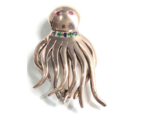 9ct gold sapphire emerald &amp; ruby octopus brooch 12g 