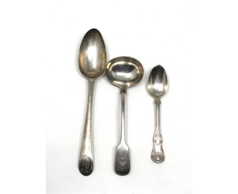 3 antique irish &amp; scottish silver spoons teaspoon ladle and table spoon weight 140g 