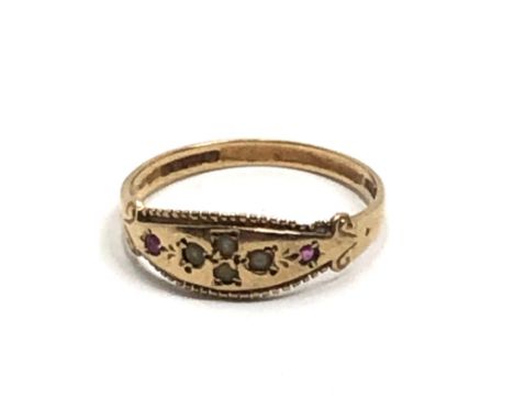 Antique 9ct gold ruby &amp; seed-pearl ring 1.8g 