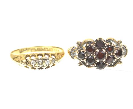 A garnet cluster ringThe circular shape garnets set to a lozenge cluster, modelled in 9k gold ring size R, together with, a d