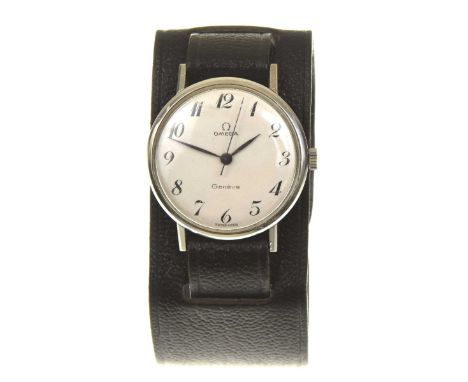 Omega: A stainless steel manual wind wristwatchThe signed white dial with black Arabic numeral hour markers, black hands and 