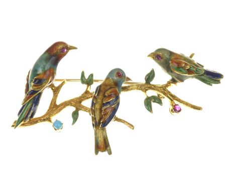 A gem set and enamel broochRealistically modelled to depict three birds perched on a branch, each bird decorated with vibrant