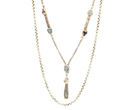 A yellow metal longuard chainComposed of belcher links with a spring ring clasp, the clasp stamped 9ct, gross weight 31.2g, l
