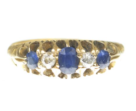 A sapphire and diamond five stone ringSet with alternate oval shape sapphires and old cut diamonds, modelled in 18k gold, gro