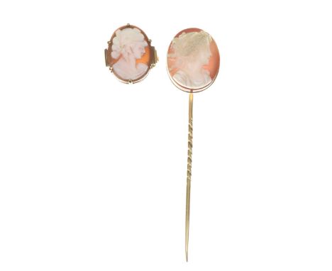 A cameo stick pinThe agate carved to depict the side profile of a classical femal figure, to a precious yellow metal setting,