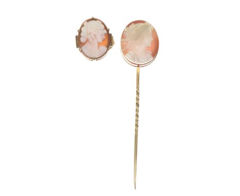 A cameo stick pinThe agate carved to depict the side profile of a classical femal figure, to a precious yellow metal setting,