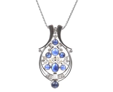 A sapphire and diamond pendant necklaceOf abstract design, set throughout with marquise and round brilliant cut diamonds with