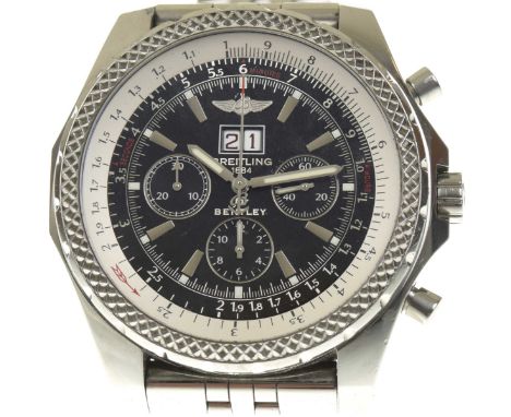 Breitling: A stainless steel Breitling for Bentley Motors chronograph automatic bracelet watchThe signed dark grey dial with 