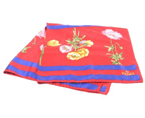 A Fendi silk scarfThe red and cobalt blue ground scarf with summer flowers design, including roses, tulips, lillies, and popp