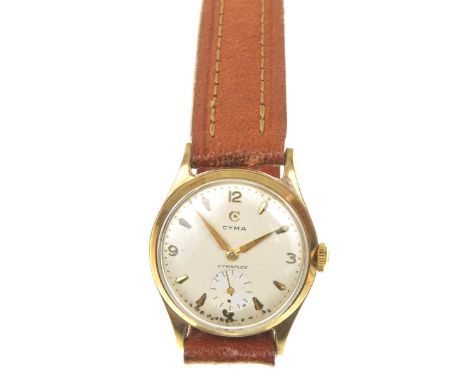 A 1930s 9k gold manual wind wristwatchThe white dial with applied tapered baton and Arabic numeral hour marks, with tapered g