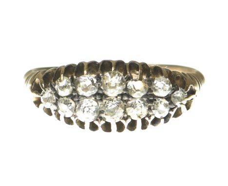 A late 19th Century diamond cluster ringOf navette form set with graduated old mine cut diamonds, in precious yellow metal, g