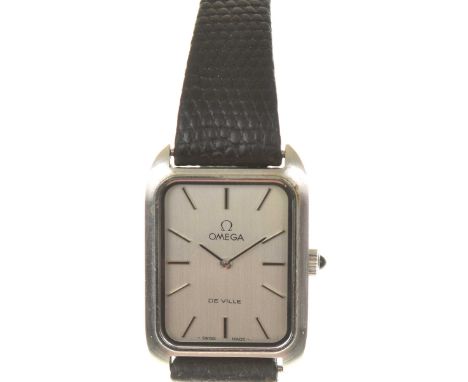 Omega: A lady's stainless steel De Ville manual wind wristwatchThe signed silver tone rectangular dial with applied black bat