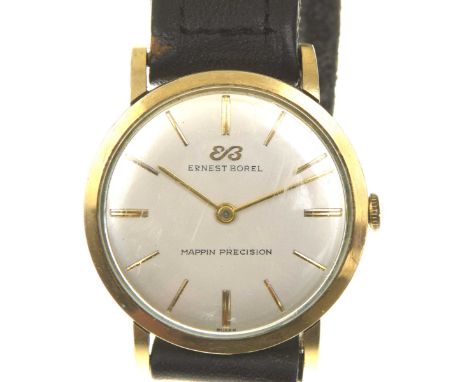 A 9k gold Ernest Borel manual wind presentation wristwatchThe signed silvered dial with applied gold tone batons, gold tone h