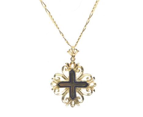 An enamel pendant and chainThe central cross with blue enamel decoration to a pierced scroll surround, suspended from a figar