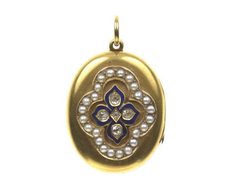 A Victorian diamond, pearl and enamel locketThe oval shape locket centering a quatrefoil design of old cut diamond within a b