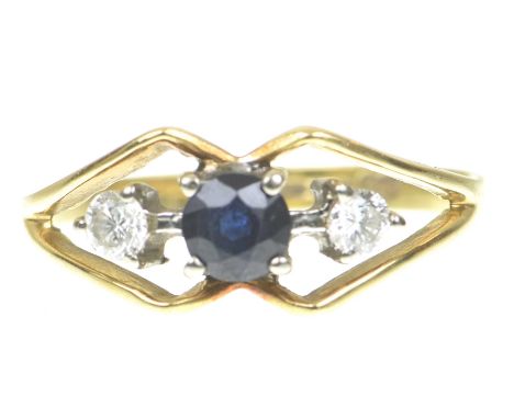 A sapphire and diamond three stone ringCentering a circular shape sapphire flanked by round brilliant cut diamonds, within an