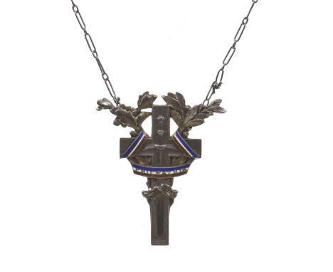 A French silver and enamel 'Pro Patria' necklaceThe cross pendant cast with a sword a laurel leaf surrounds, with a blue, whi