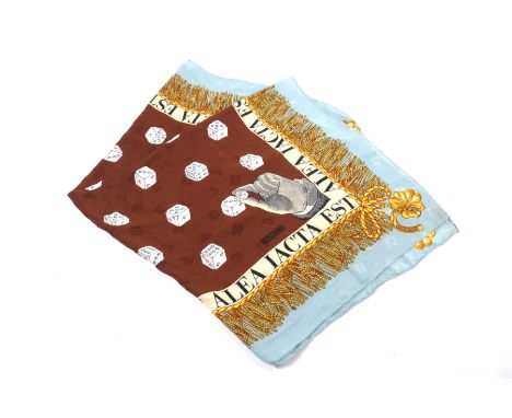 A Moschino 'Lucky Dice' silk scarfThe brown ground and pale blue scarf, with monochrome dice detail to the central panel, 85c