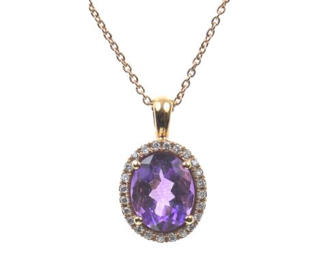 Mappin & Webb: An amethyst and diamond cluster pendantThe oval shape amethyst to a round brilliant cut diamond surround, susp