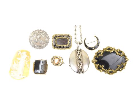 A collection of Victorian jewellery To include; an enamel mourning brooch, of rectangular form, centering a glazed panel with